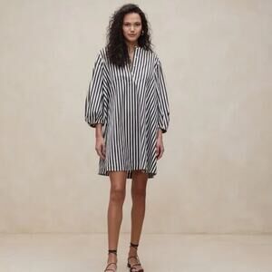 Banana Republic Poplin Lantern Sleeve Mini Swing Dress Black Stripe Size Small